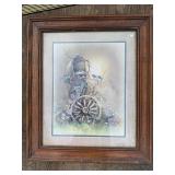 Vintage Framed Bluebird Nest in Mailbox & Wagon Wheel Print