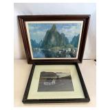 Framed Scenic Landscape Prints Pair: Mountain Fjord & Coastal Farmhouse Art