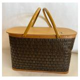 Vintage Woven Picnic Basket: Brown Synthetic Weave with Dual Wood-Grain Lid