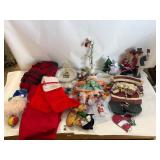 Holiday Decor & Keepsakes Lot: Plush Santas, Stained Glass & Serving Tray
