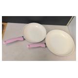 Pair of Pink Green Pan Skillets - 10" and 12" - Like New