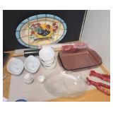 Cranberry Pyrex Dish, Ceramic Rooster Dish, and More