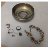 Vintage Costume Jewelry in Silverplated Bowl