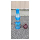 Vintage Blue Glass Oil Lamp and Red Mosaic Lamp Set