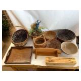 Home Decor & Wicker Baskets Lot: Wooden Tray, Storage Baskets & Chateau Grand Traverse Wine Box