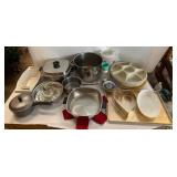 Vintage Kitchenware & Cookware Lot: Stainless Steel Pots, Tupperware Lazy Susan & Bakeware