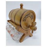 Vintage Wooden Tabletop Barrel Drink Dispenser - Schnaitl Bier, Austrian, 6 Miniature Mugs
