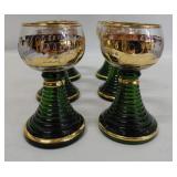 6 German Romer Wine Goblets - Green Ribbed Beehive Stems, Gold Banded Rims, Etched Grape