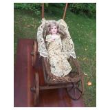 Antique Bentwood Baby Doll CARRIAGE Wooden Buggy Pram w/ German Doll