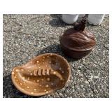 Vintage Barb Signed Ceramic Speckled Ashtray & Squirrel Walnut Lidded Dish