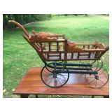 Antique Carved Hardwood Baby Doll CARRIAGE Buggy Metal Wheels