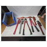 Collection of Various Sized Pipe Wrenches and Bolt Cutters