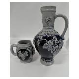 Vintage German Salt Glazed Stoneware Wine or Cider Pitcher and 1 Matching Mug