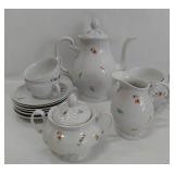 Scattered Flowers White Porcelain Coffee/Tea Set - Coffee/Teapot, 6 Saucers, 5 Cups, Sugar/Creamer