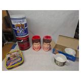 3 Vintage Decorative Tins, 2 SlimJim Mugs, and 2 Ceramic Looney Tunes Mugs