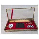 Vintage East Asian Calligraphy and Writing Set in Silk-Brocade Presentation Box