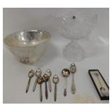 Crystal Footed Bowl, Silver Plate Bowl and Spoons, Small Trinkets