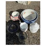 Vintage Kitchenware & Glassware Lot, Milk Glass Hobnail, Blue Rose Bowl
