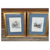 Framed Watercolor Art Prints: Pair of Architectural & Maritime Nautical Scene Paintings