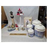 Small Collection of Vintage Lighthouse Themed Kitchenware and Decorations