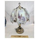 Vintage Lighthouse Themed Touch Table Lamp w/ Brass-Tone Metal Base and 6-Panel Glass Shade