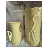 MCM Abingdon Ceramic Vases - Yellow with Heron Among Reeds 13.5"H 6.5"W