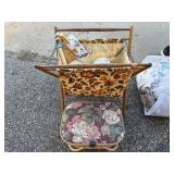 Vintage Floral Fabric Sewing Basket & Folding Wood Stand Caddy Lot with Knitting Supplies