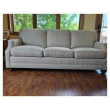 Cream Color Linen and Flax Upholstered 3 Cushion Sofa with Bun Feet