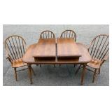 Wooden Extension Dining Table & Four Windsor Chairs Set with Extra Leaves