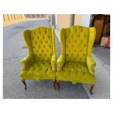 Vintage Traditional Queen Anne Style Button Tufted Wingback Chairs, Chartreuse Velvet Pair