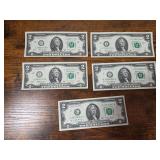 Lot of 5 Crisp $2 Bills -2 Consecutive Serial Number Notes Included
