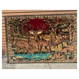 Vintage Woven Tapestry Wall Hanging: Wildlife Deer Scene with Ornate Floral Border