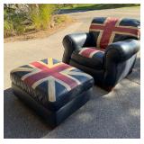 Custom Upcycled Black Leather Armchair & Ottoman - Hand-Painted British Union Jack Design