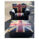 Custom Upcycled Black Leather Armchair & Ottoman - Hand-Painted British Union Jack Design - photo 2