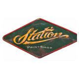 Large Vintage - Station - Print Shop Sign - Diamond-Shaped Metal Advertising w/ Raised Letterin