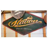 Large Vintage - Station - Print Shop Sign - Diamond-Shaped Metal Advertising w/ Raised Letterin - ph