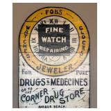 Large Hand-Painted Wooden Advertising Sign - Fobs Watches, Clocks & Corner Drug Store