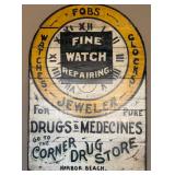 Large Hand-Painted Wooden Advertising Sign - Fobs Watches, Clocks & Corner Drug Store - photo 3