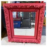 Large Ornate Baroque-Style Wall Mirror - Glossy Coral Red Frame with Floral Scrollwork