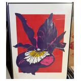 Large Signed & Inscribed Iris Flower Art Print - Bold Purple, Red & Pink - Framed