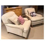 Pair of Frederick Edward Cream & Beige Diamond-Pattern Upholstered Armchairs