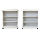 Pair of White Wooden Rolling Bookshelves - Multi-Tier Storage & Display Shelving