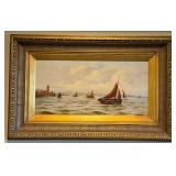 Signed Original Maritime Oil Painting - Historic Sailing Harbor Scene in Ornate Gold Frame