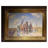 Borge C. Nyrop Signed Original Oil Painting - Horse-Drawn Farm Scene - Ornate Gold Frame