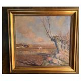 Borge C. Nyrop Signed Oil Painting - Danish Rural Landscape with Pollarded Trees & Farm Fields