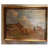 Christopher Nyrop Signed Oil Painting - Rural Farmstead with Horses, Foal & Thatched Cottage