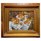 Framed Classical Still Life Painting of Oranges & Floral Pitcher - Ornate Gold-Tone Frame