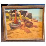 Vintage 1966 Signed GREG 66 Coastal Fishing Boats Oil Painting - Framed Maritime Artwork