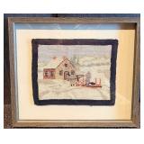 Vintage Framed Folk Art Hooked Rug Textile - Winter Sleigh Scene - Tremblay Style