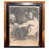 Vintage Framed Signed Boxing Charcoal Drawing - Possible Joe Louis / Bodley